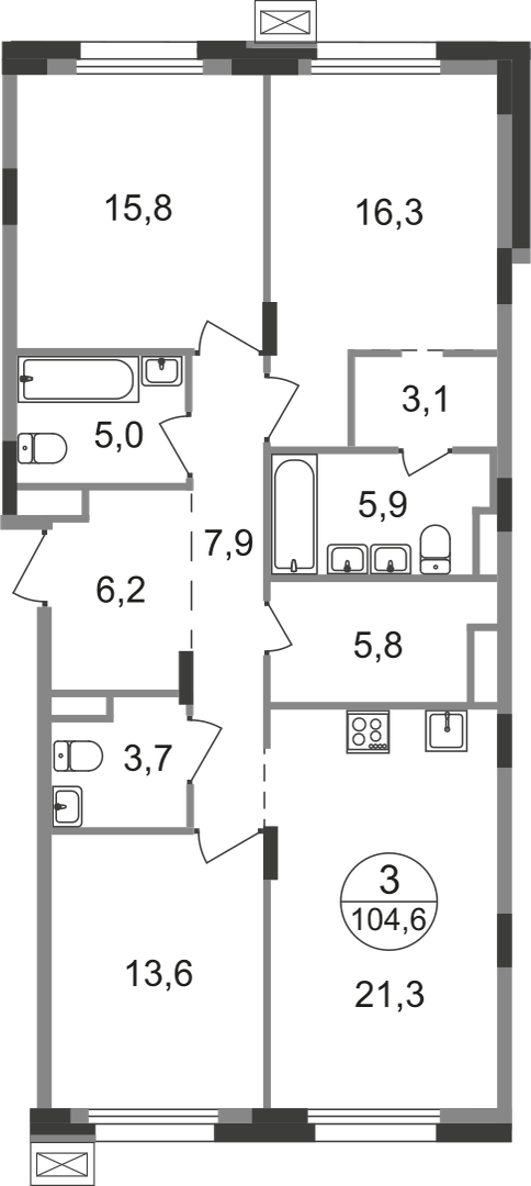 3 комн. квартира, 104.6 м², 6 этаж  (из 9)