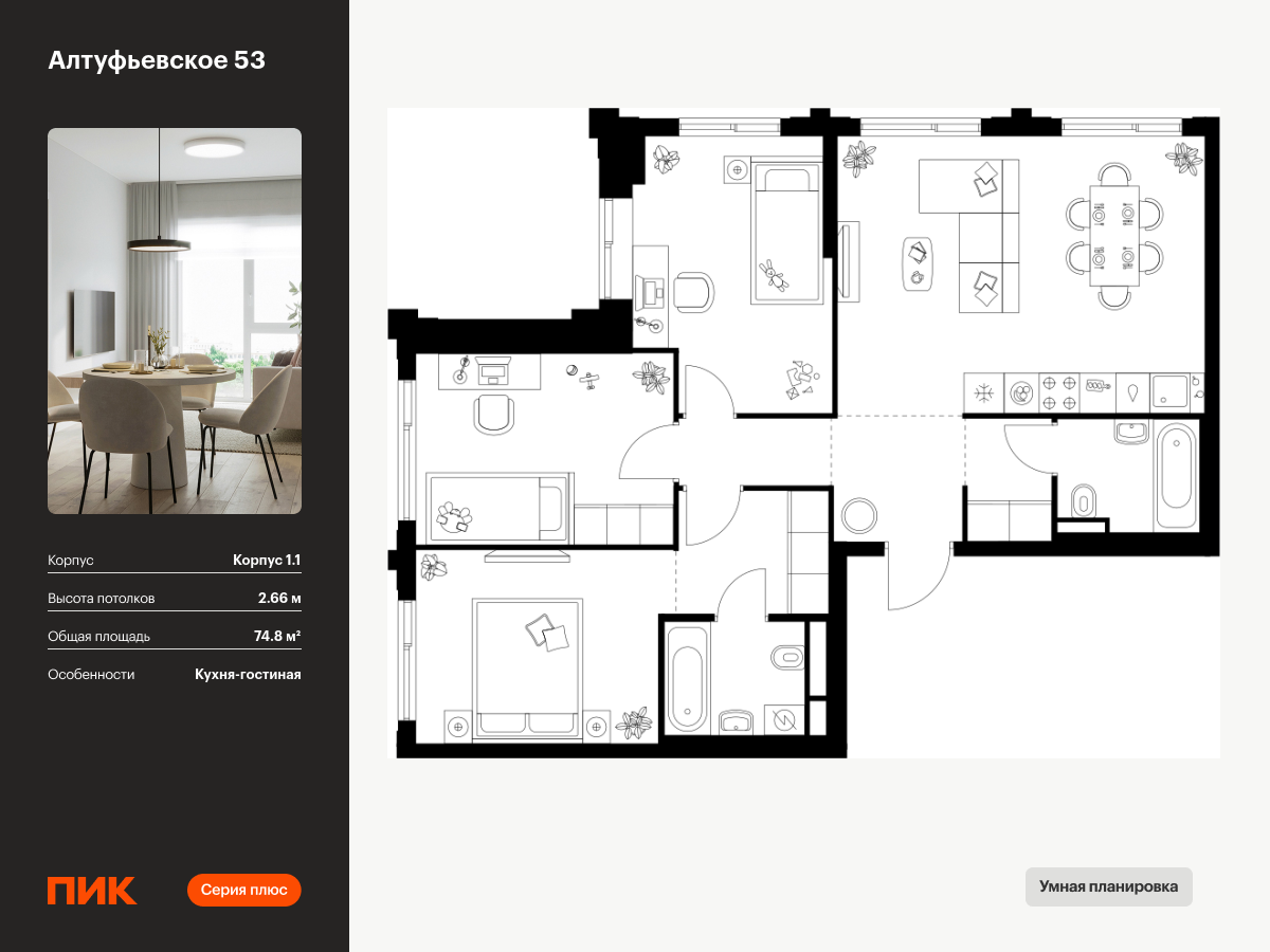 3 комн. квартира, 74.8 м², 11 этаж  (из 32)