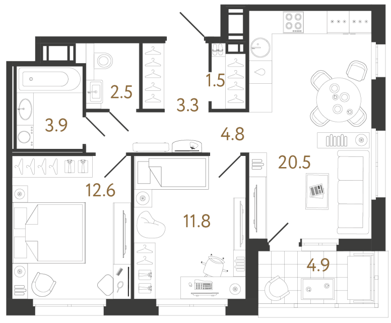 2 комн. квартира, 60.9 м², 4 этаж 