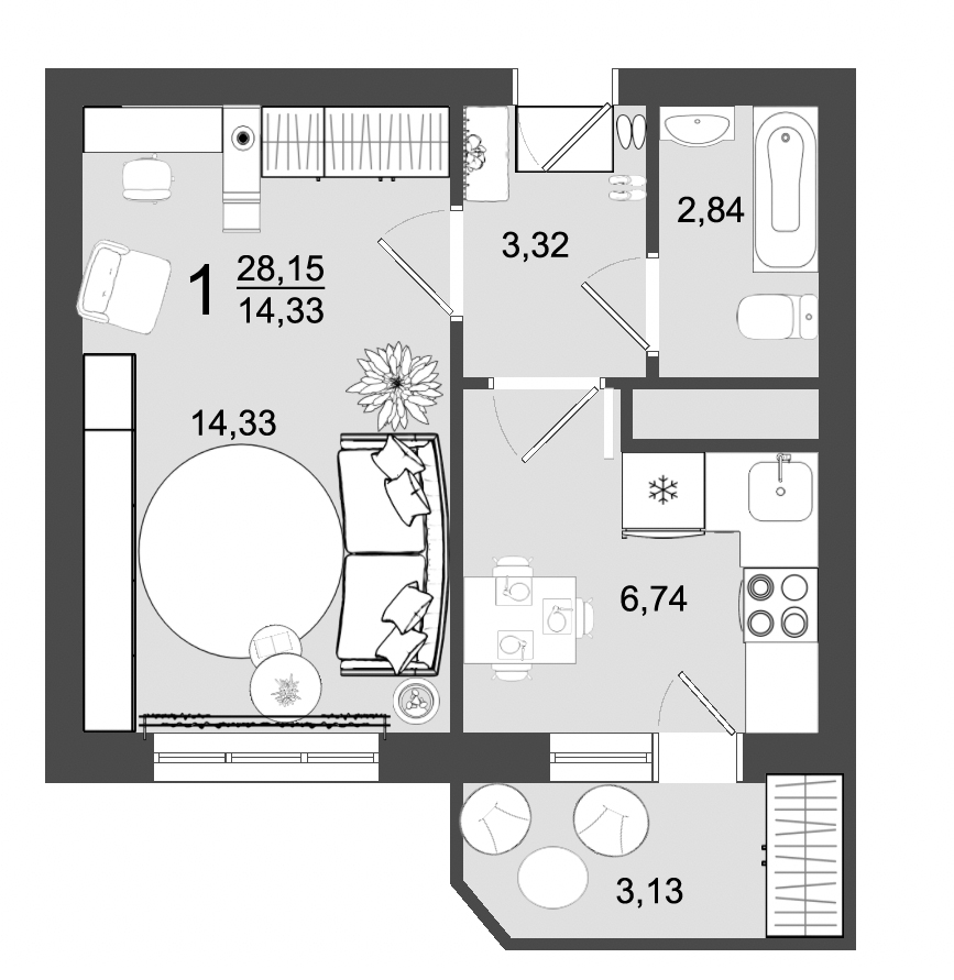 1 комн. квартира, 28.1 м², 8 этаж 