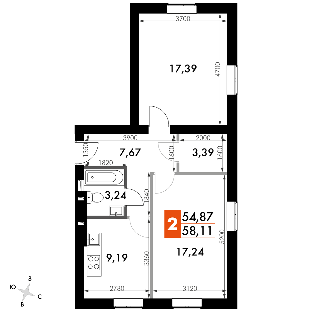 2 комн. квартира, 56.8 м², 1 этаж 