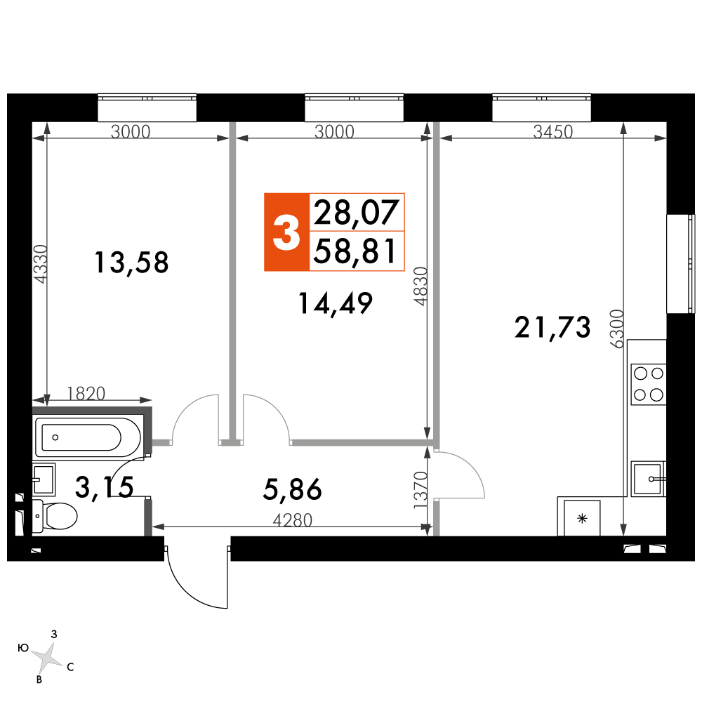 2 комн. квартира, 58.8 м², 1 этаж 