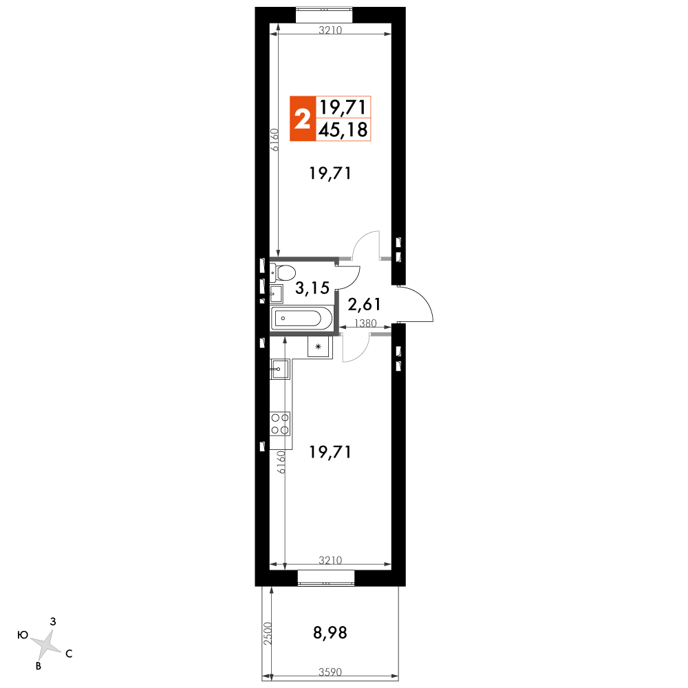 1 комн. квартира, 45.3 м², 1 этаж 