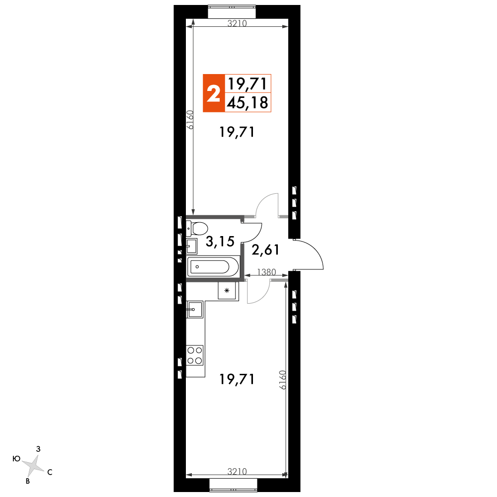 1 комн. квартира, 45.4 м², 4 этаж 