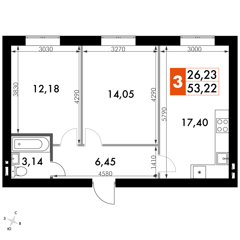2 комн. квартира, 52.9 м², 1 этаж 
