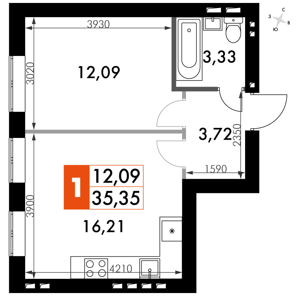1 комн. квартира, 35.8 м², 4 этаж 
