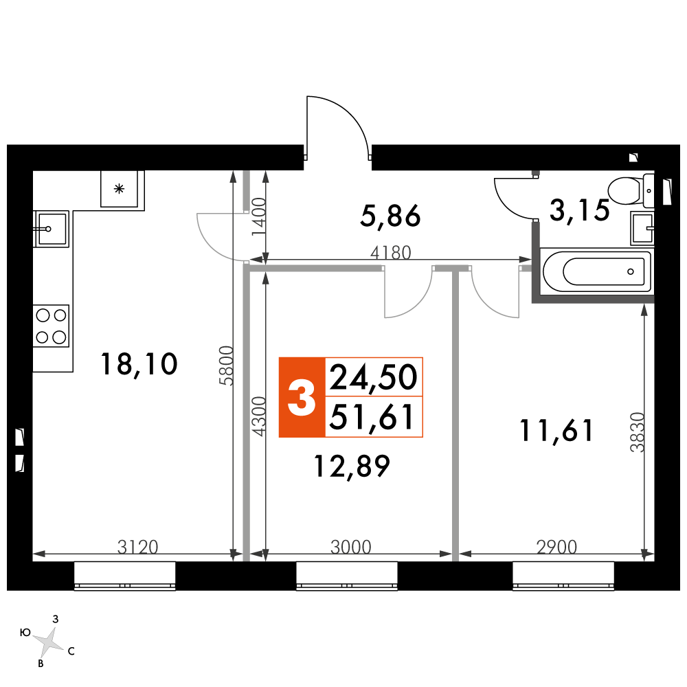 2 комн. квартира, 51.5 м², 1 этаж 