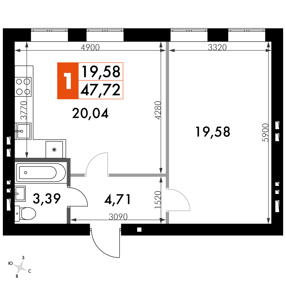 1 комн. квартира, 47.7 м², 4 этаж 