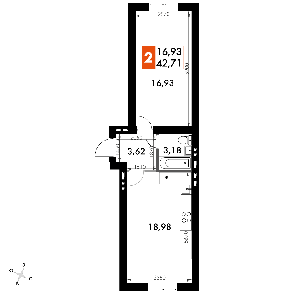 1 комн. квартира, 42.4 м², 4 этаж 