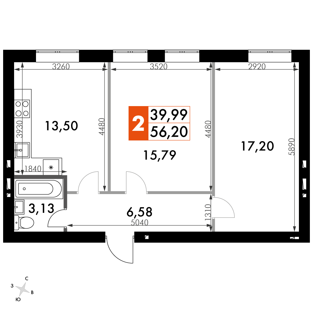 2 комн. квартира, 56.3 м², 1 этаж 