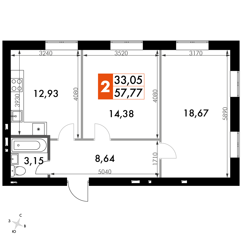 2 комн. квартира, 57.6 м², 1 этаж 