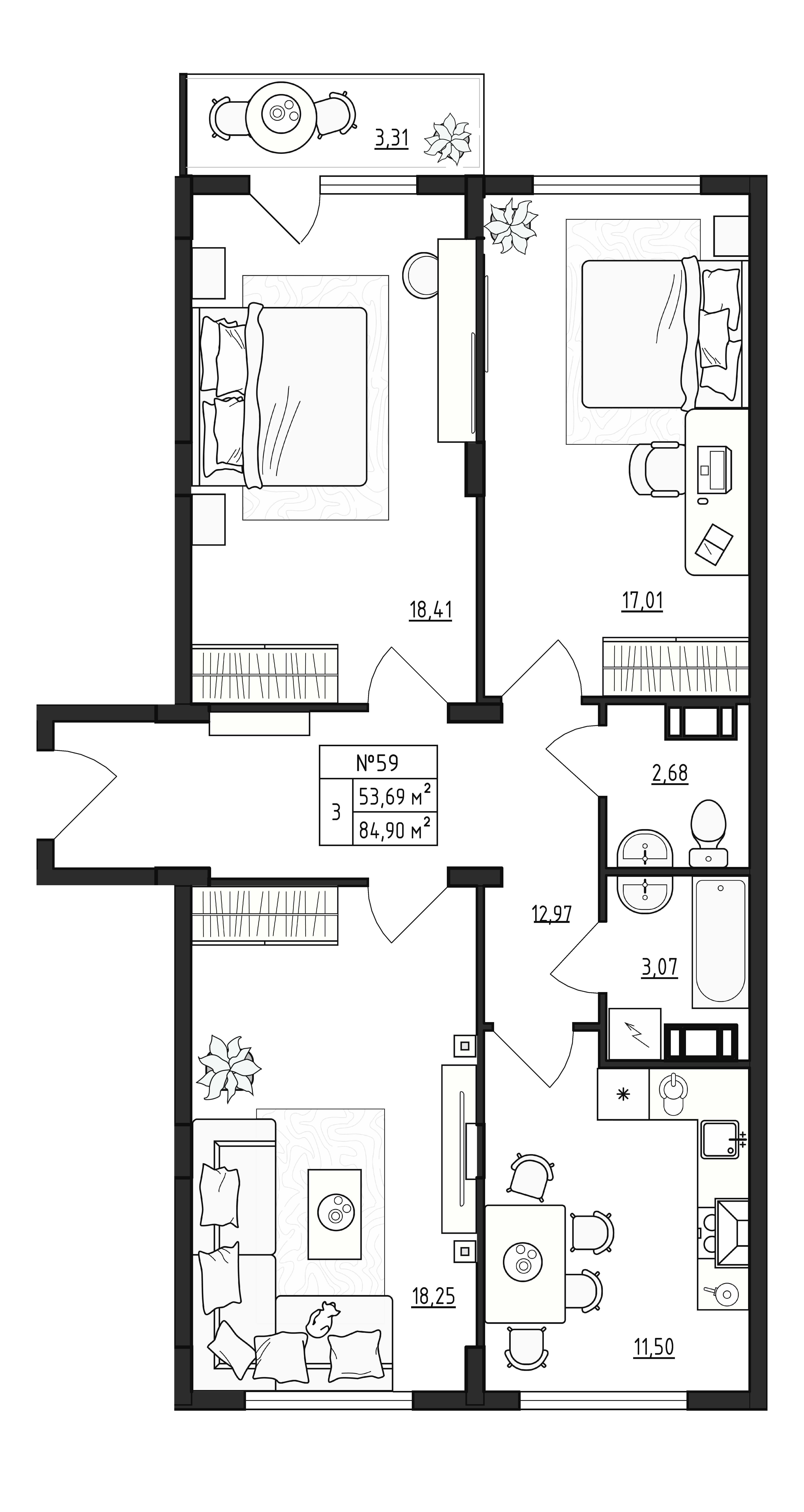 3 комн. квартира, 84.9 м², 2 этаж 