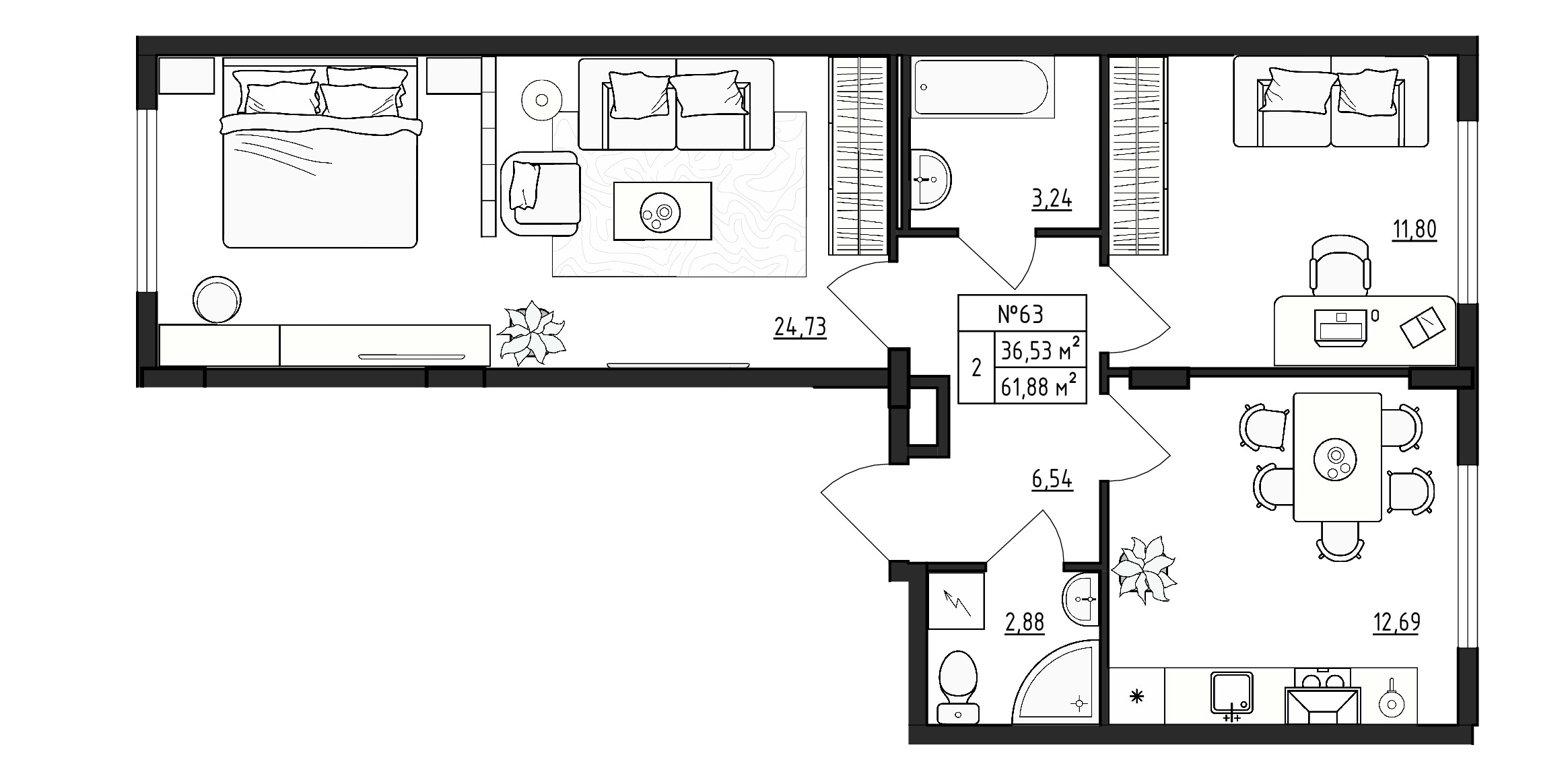 2 комн. квартира, 61.9 м², 4 этаж 