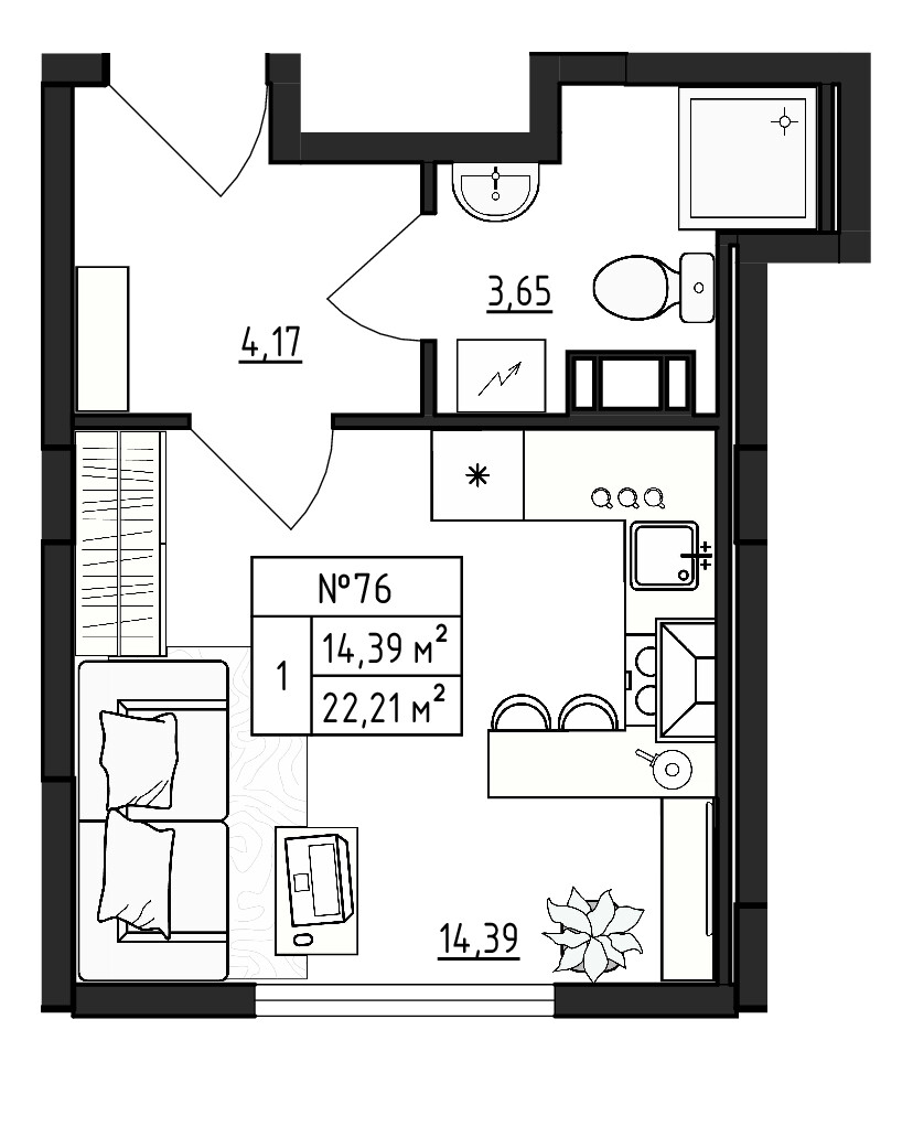студия, 22.2 м², 4 этаж 