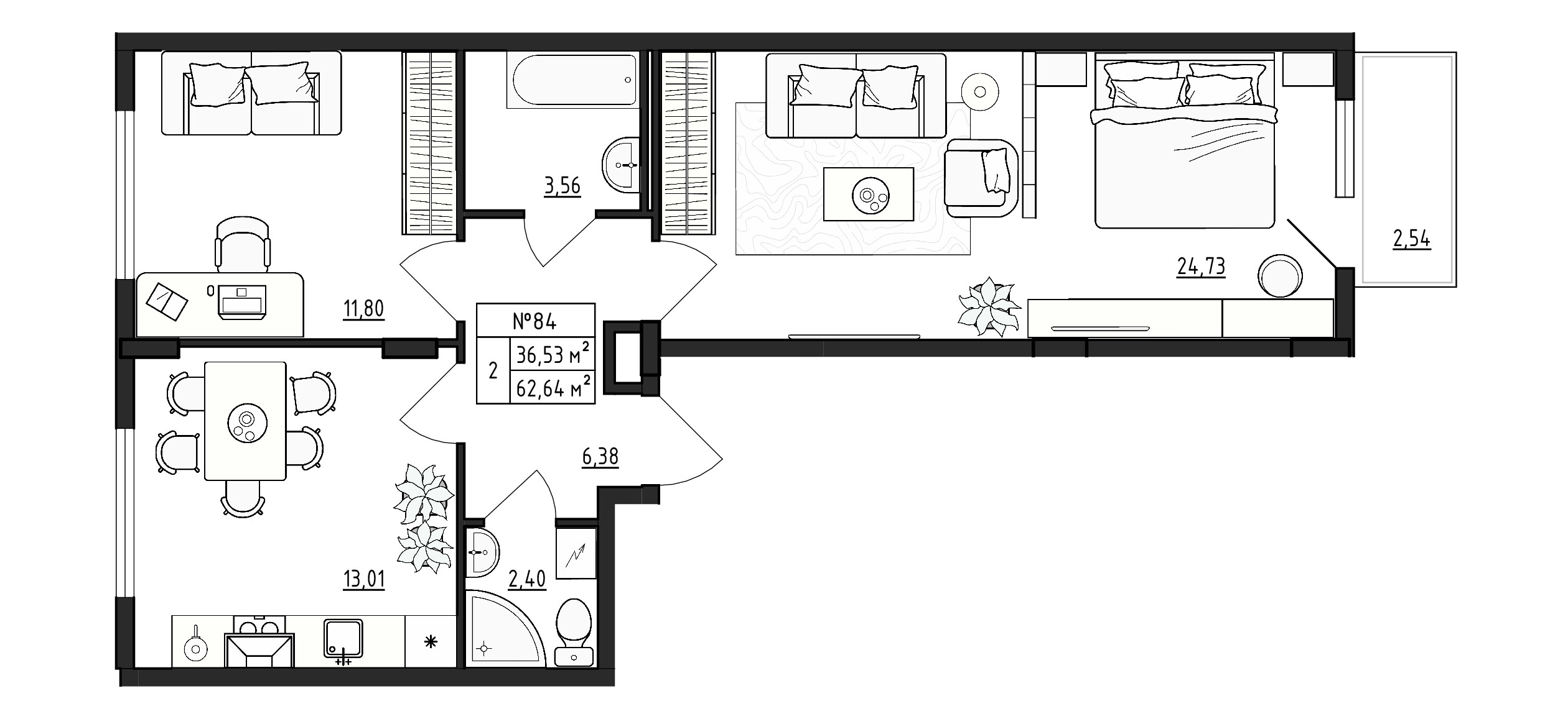 2 комн. квартира, 62.6 м², 2 этаж 