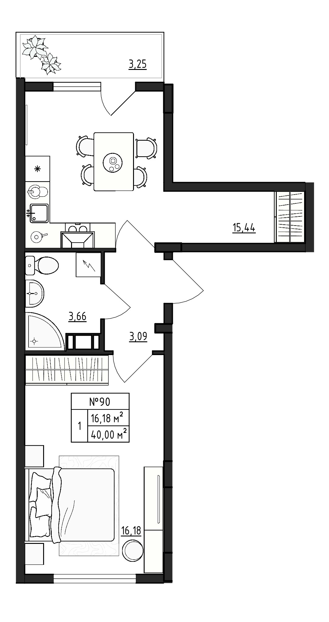 1 комн. квартира, 40 м², 2 этаж 
