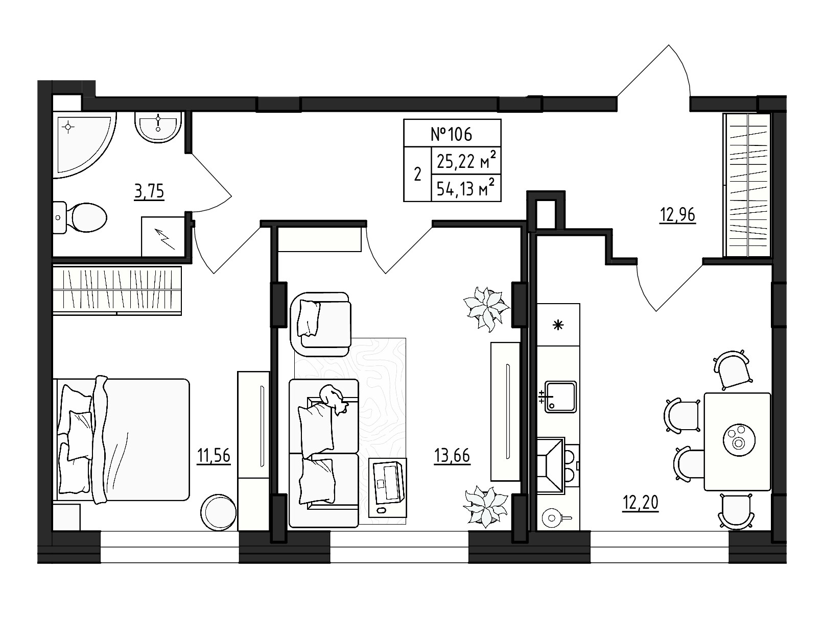 2 комн. квартира, 54.1 м², 1 этаж 