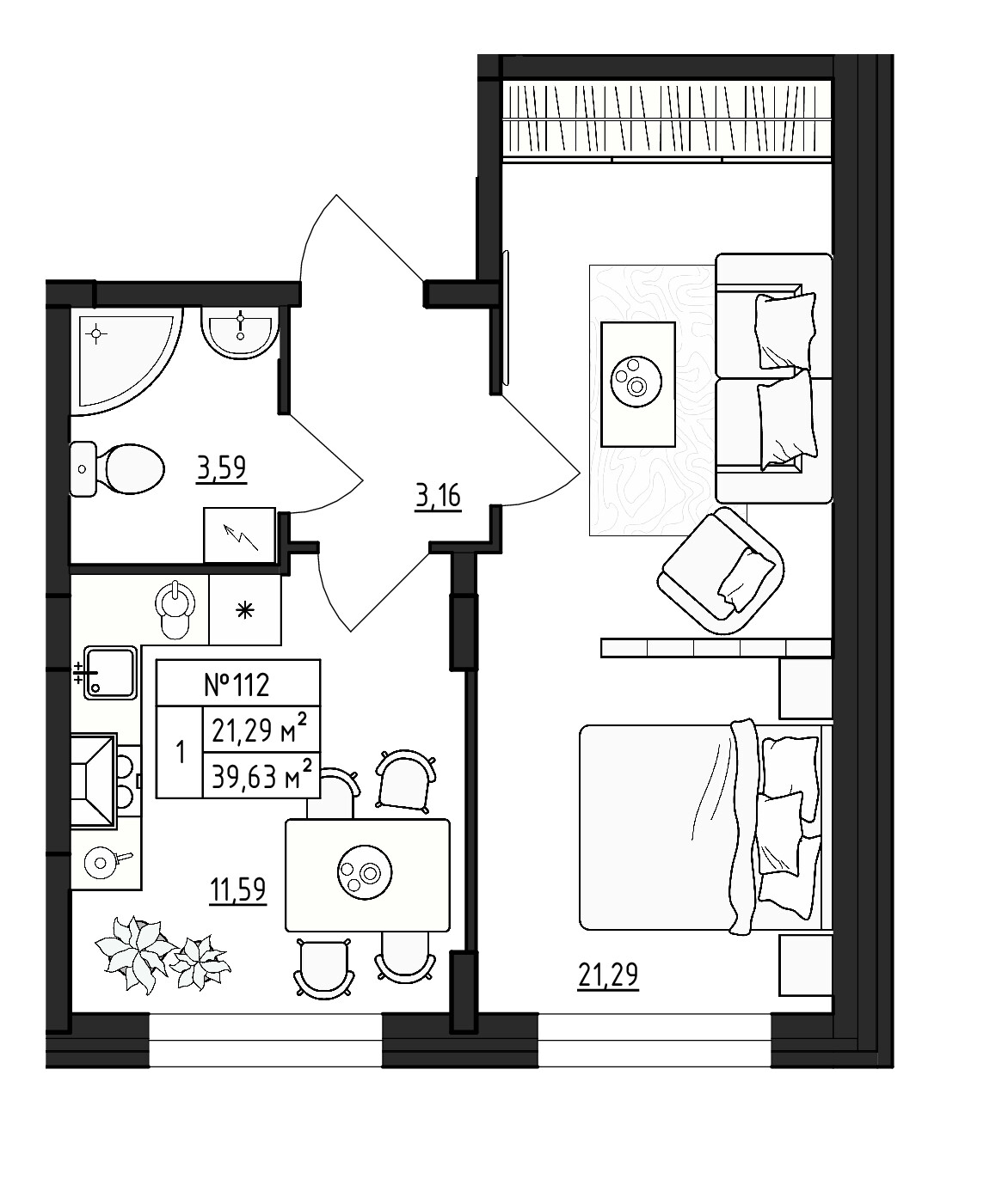 1 комн. квартира, 39.6 м², 1 этаж 