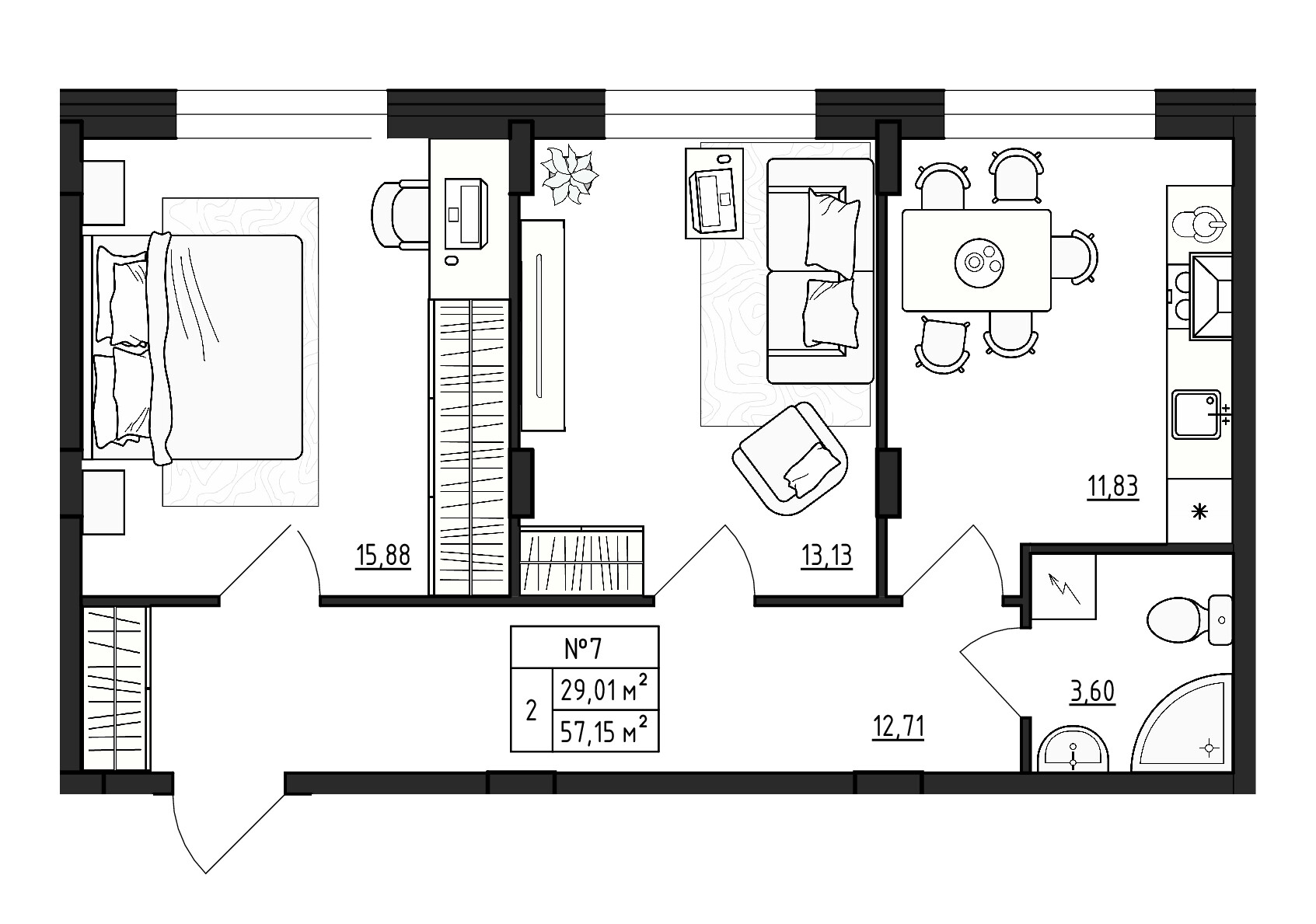 2 комн. квартира, 57.1 м², 1 этаж 