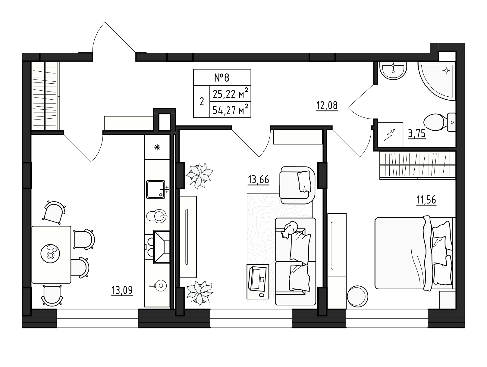 2 комн. квартира, 54.3 м², 1 этаж 