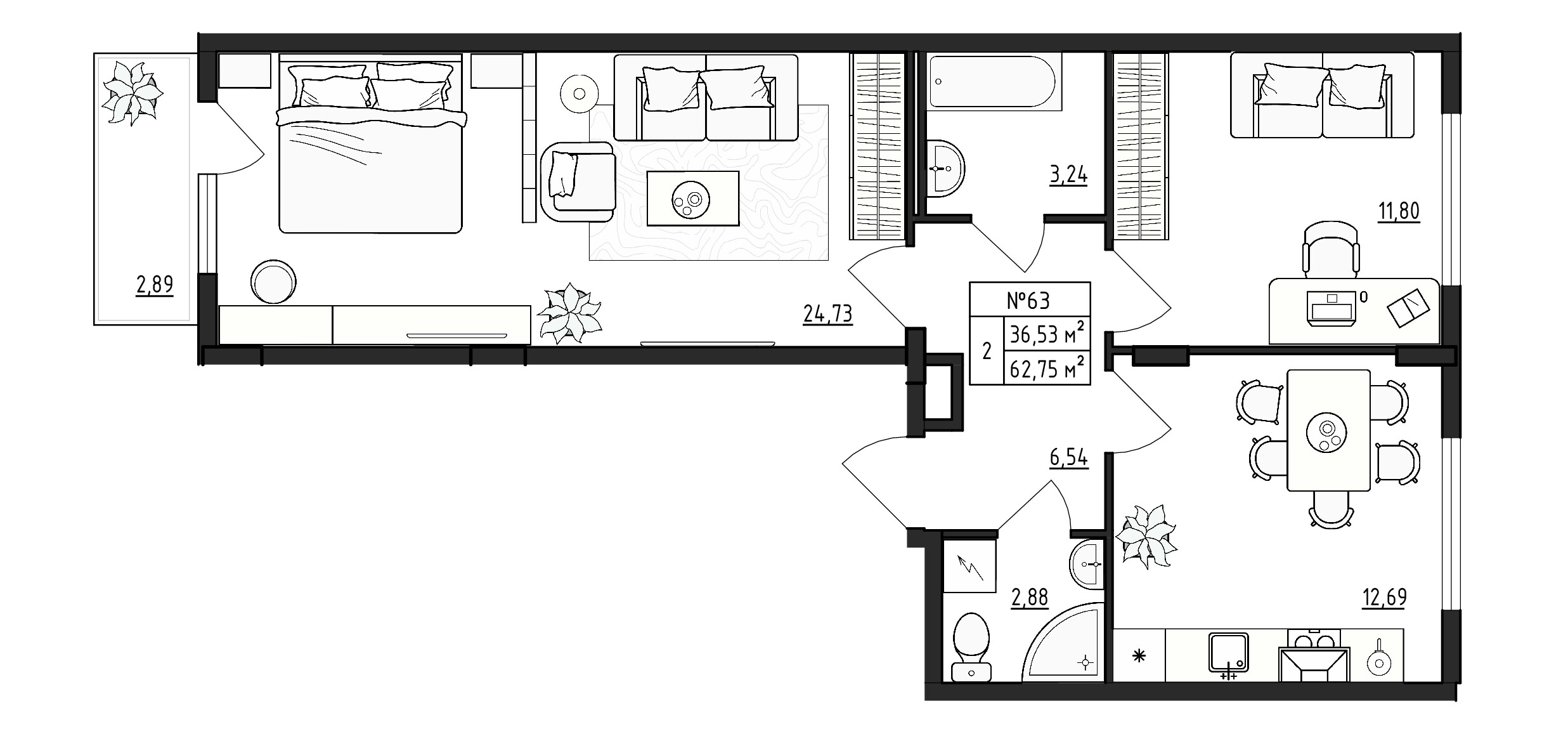 2 комн. квартира, 62.8 м², 4 этаж 