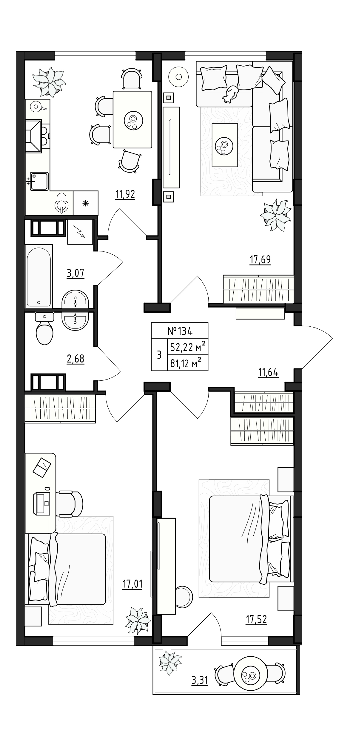 3 комн. квартира, 81.1 м², 4 этаж 