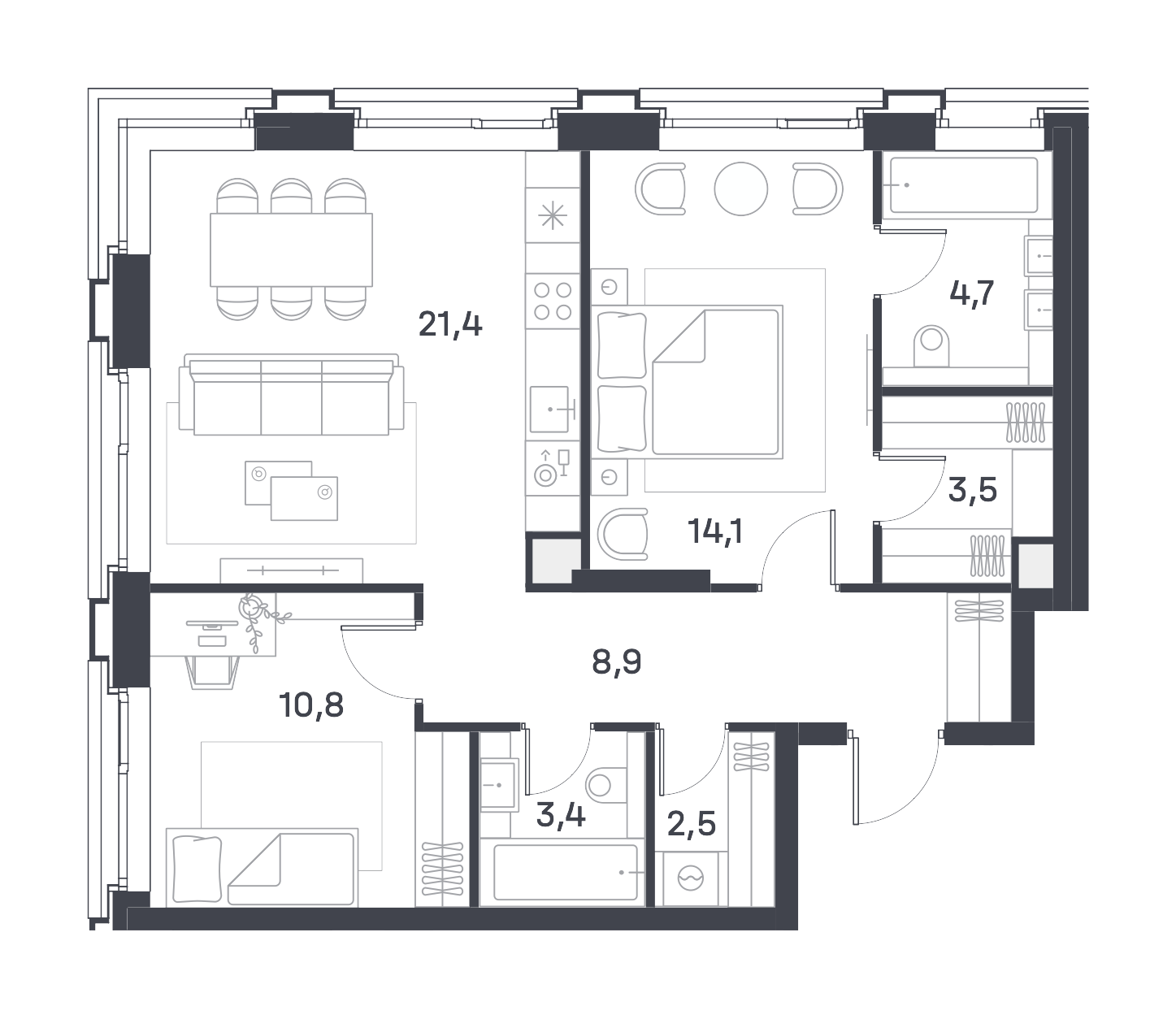 2 комн. квартира, 69.3 м², 16 этаж 