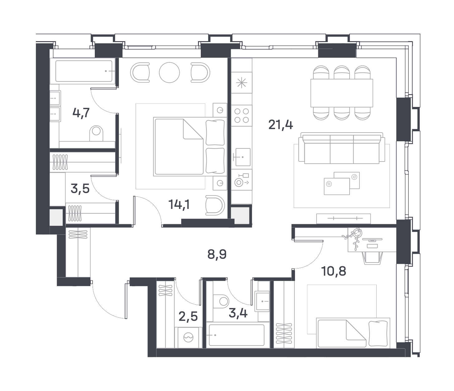 2 комн. квартира, 69.3 м², 19 этаж 