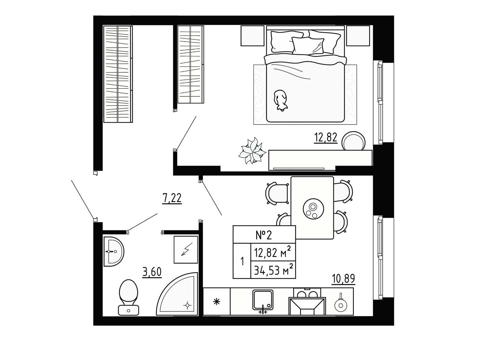 1 комн. квартира, 34.5 м², 1 этаж 