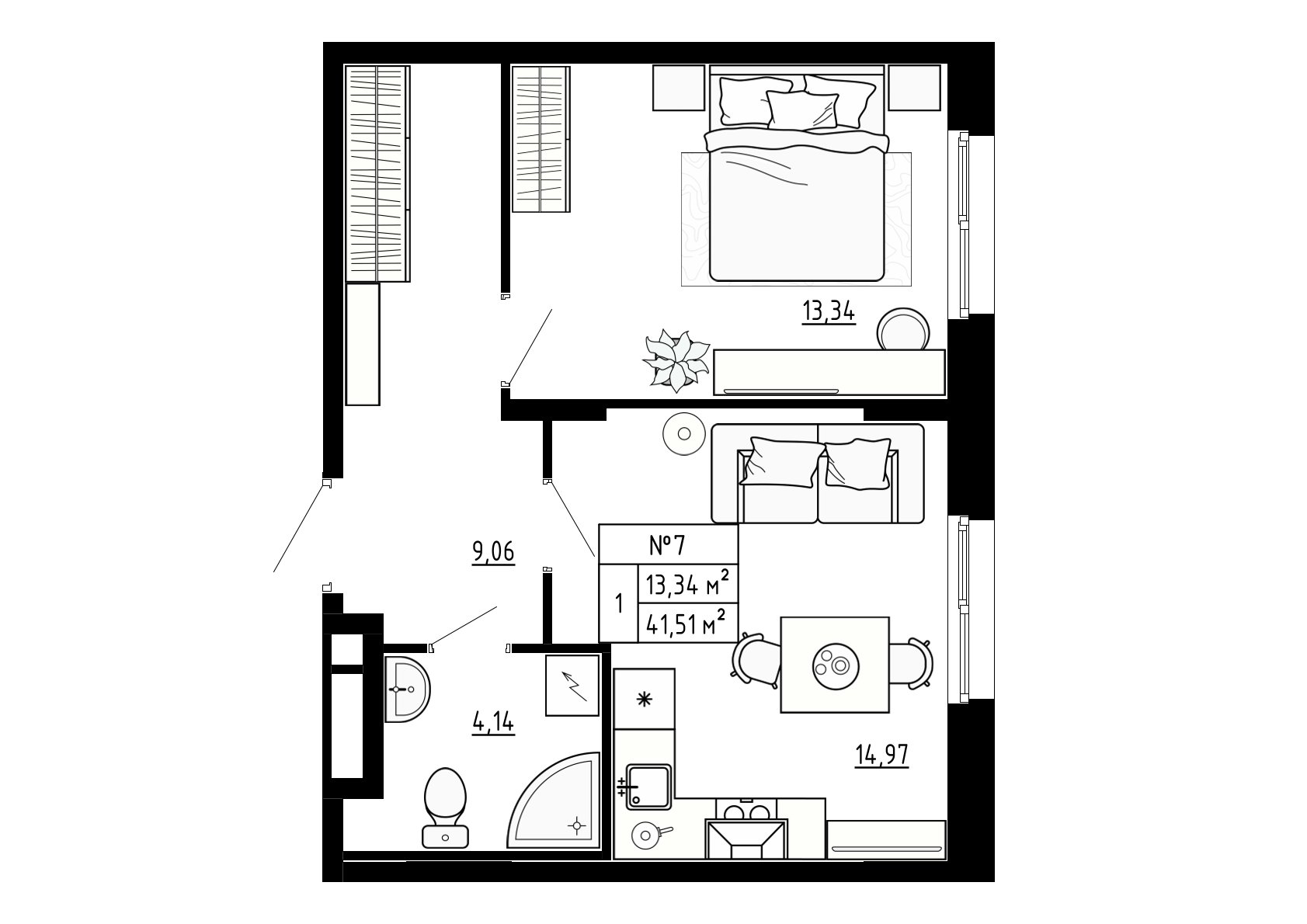 1 комн. квартира, 41.5 м², 1 этаж 