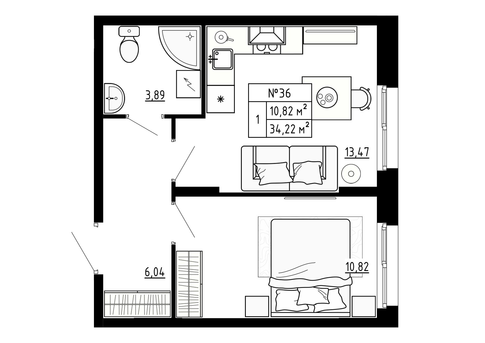 1 комн. квартира, 34.2 м², 1 этаж 