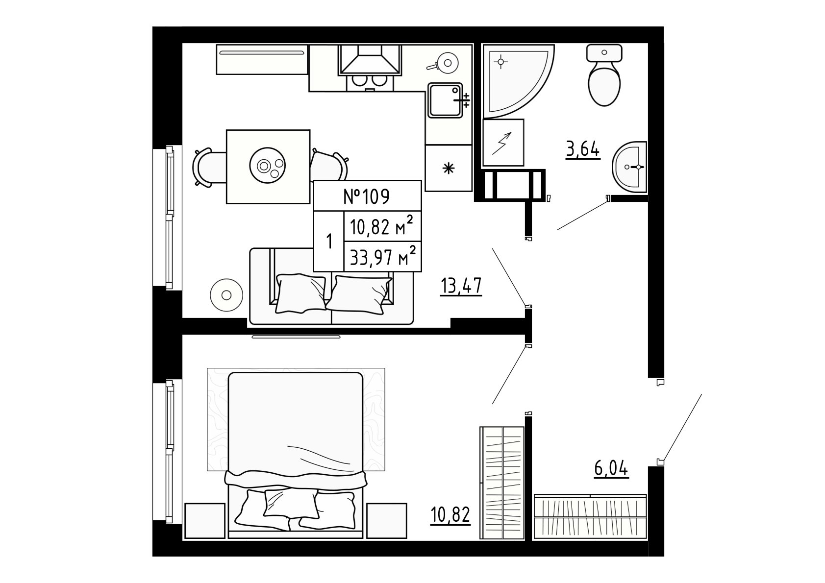1 комн. квартира, 34 м², 4 этаж 