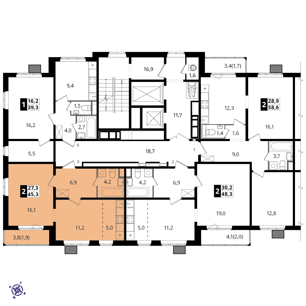 2 комн. квартира, 45.1 м², 12 этаж 