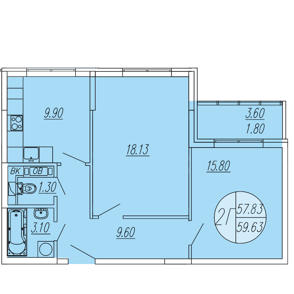 2 комн. квартира, 59.6 м², 1 этаж 