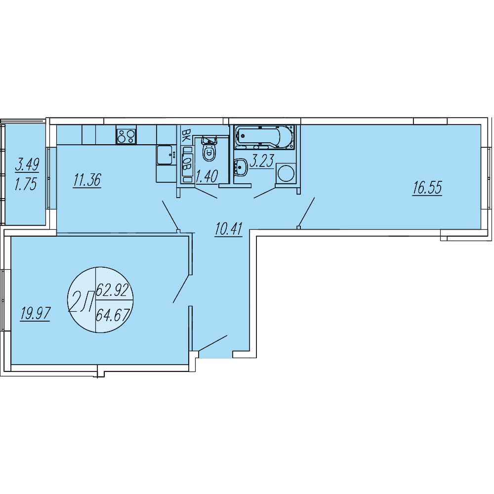 2 комн. квартира, 64.7 м², 3 этаж 