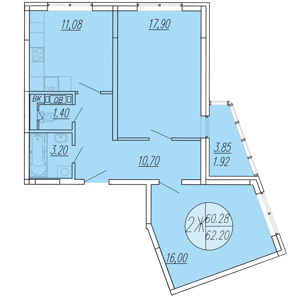 2 комн. квартира, 62.2 м², 1 этаж 