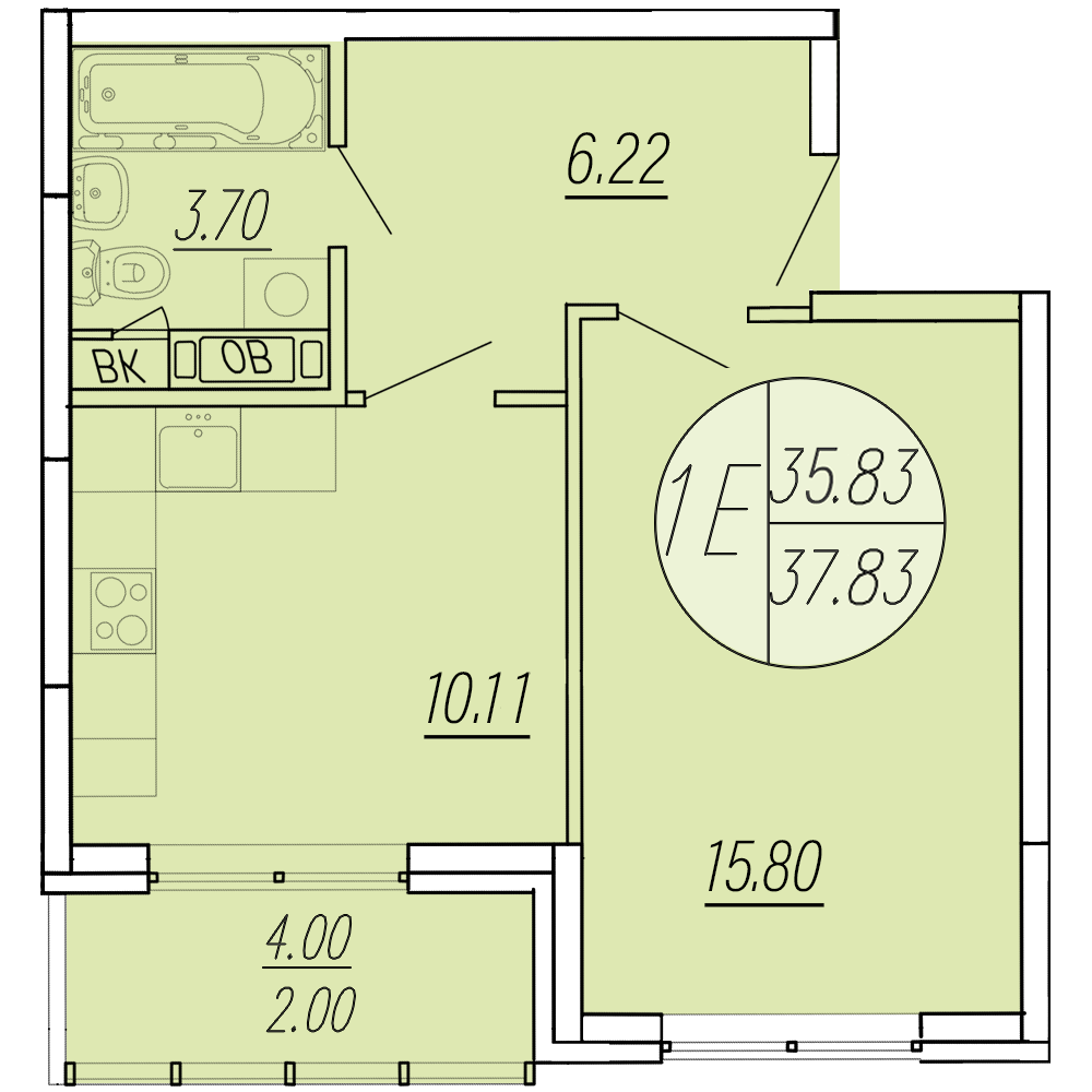 1 комн. квартира, 37.8 м², 3 этаж 