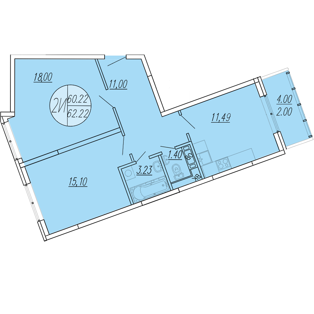 2 комн. квартира, 62.2 м², 3 этаж 