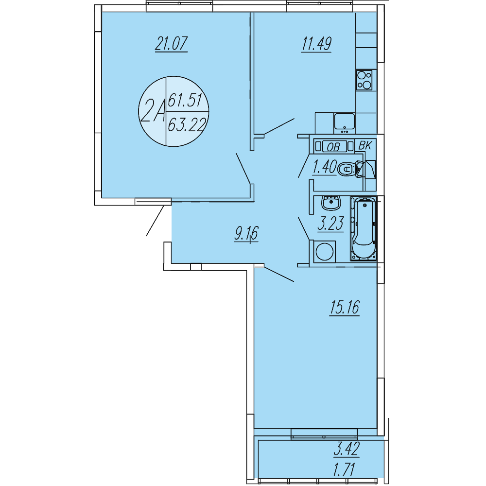 2 комн. квартира, 63.2 м², 1 этаж 