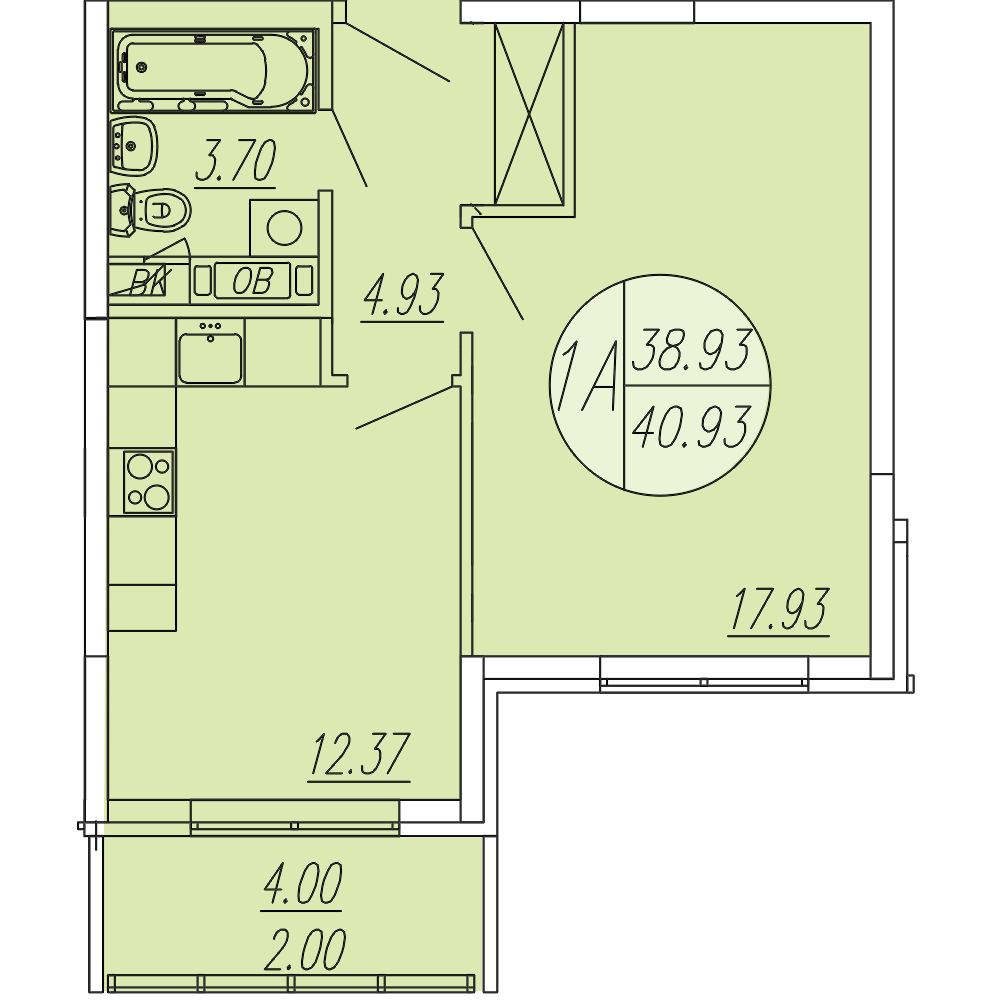 1 комн. квартира, 40.9 м², 1 этаж 