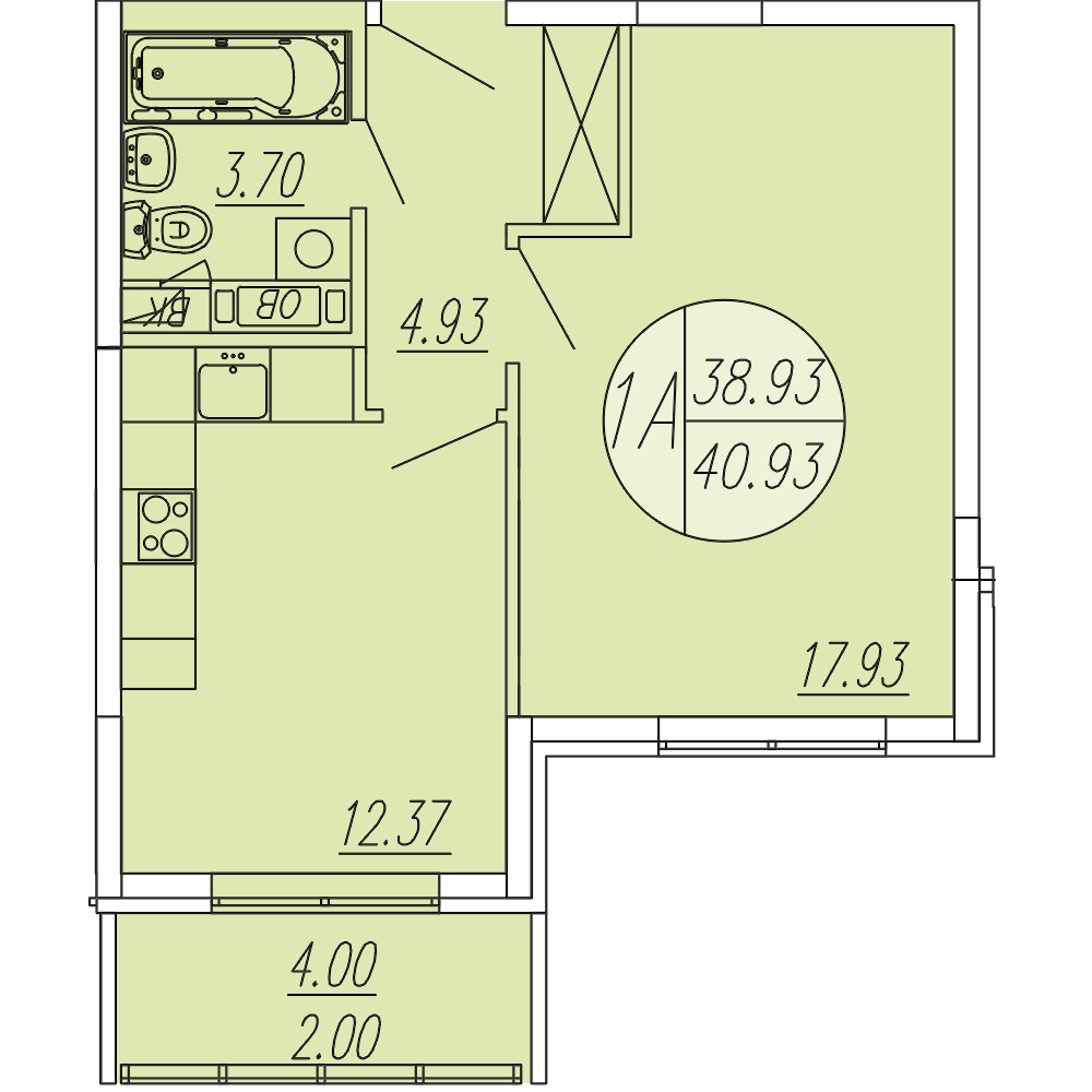 1 комн. квартира, 40.9 м², 2 этаж 