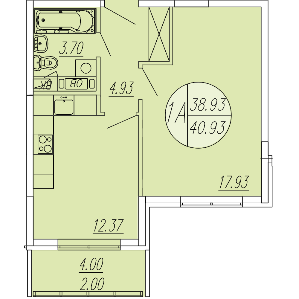 1 комн. квартира, 40.9 м², 4 этаж 