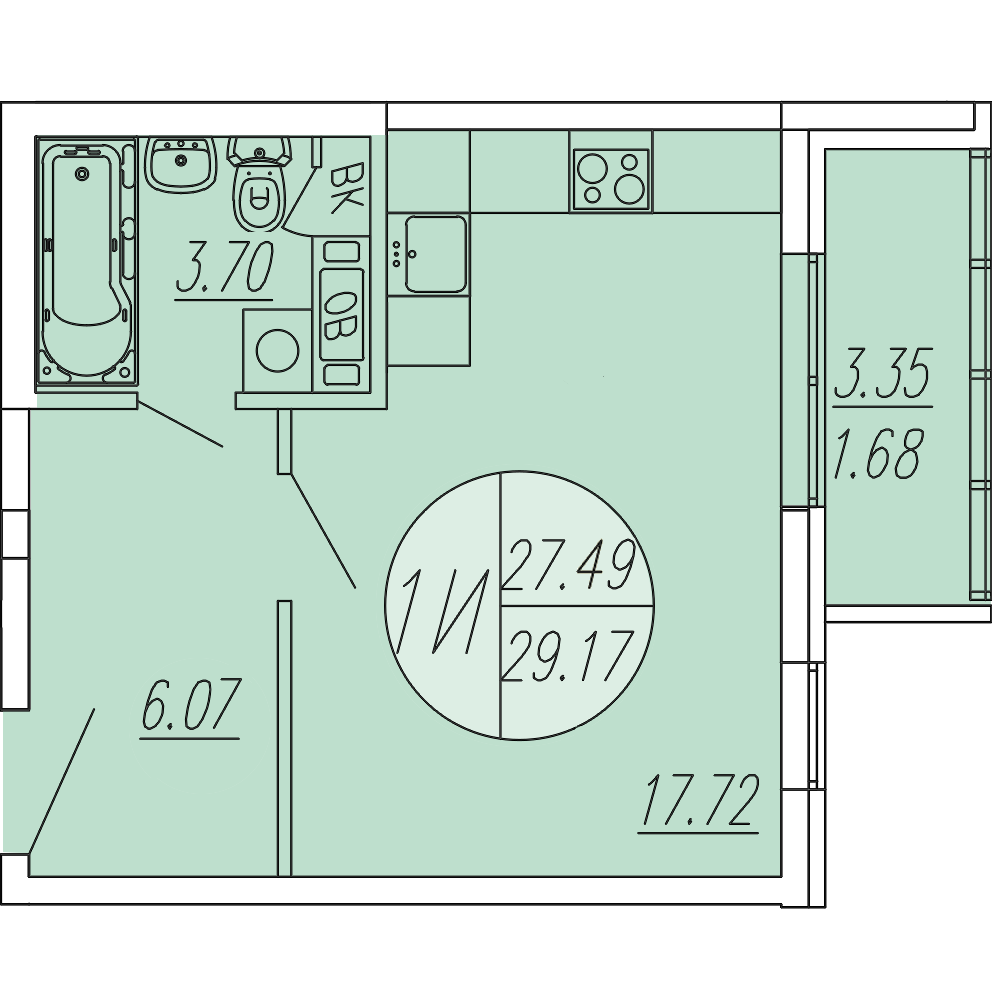 студия, 29.2 м², 1 этаж 