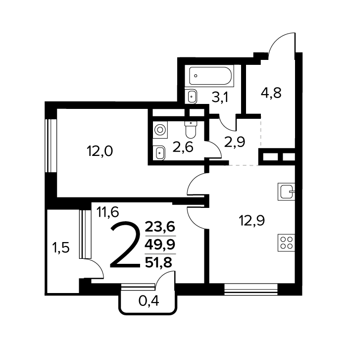 2 комн. квартира, 51.8 м², 6 этаж 