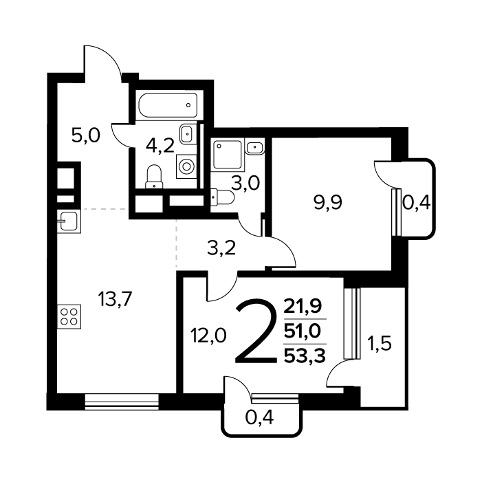 2 комн. квартира, 53.3 м², 9 этаж 