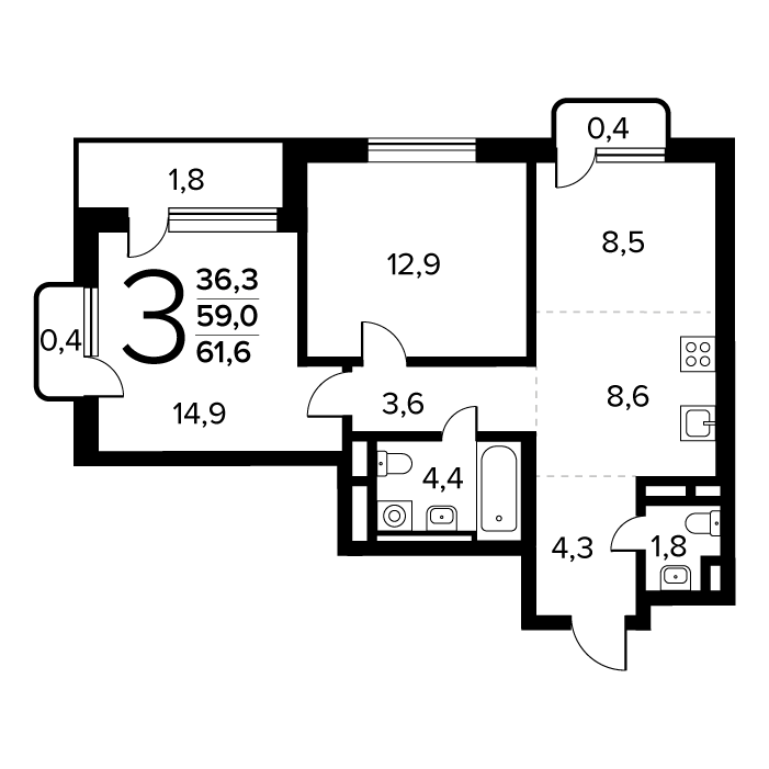 3 комн. квартира, 61.6 м², 8 этаж 