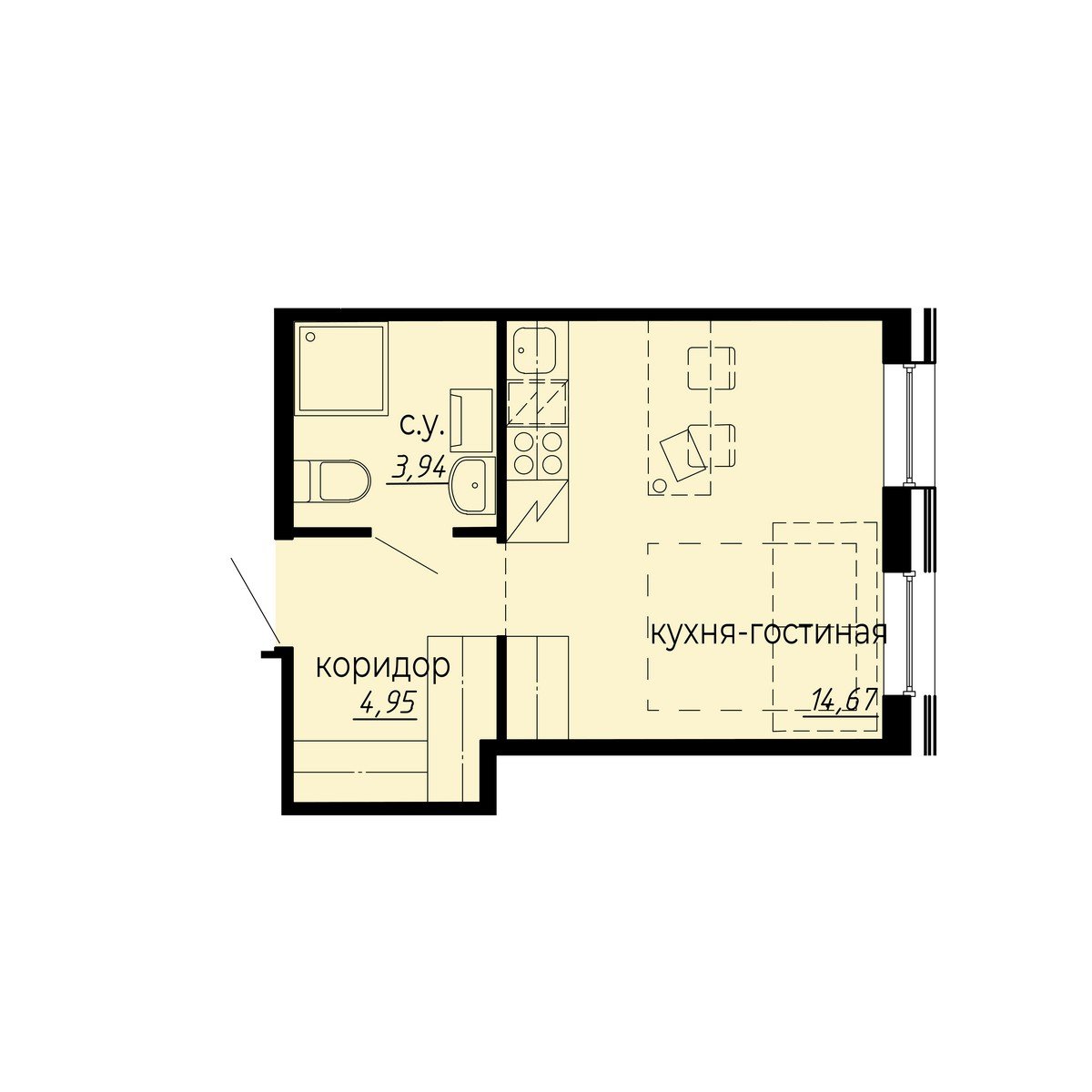 студия, 23.6 м², 3 этаж 