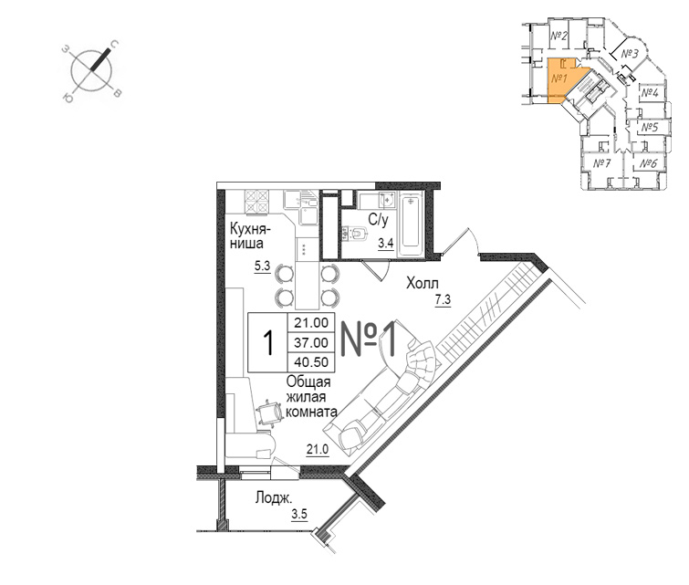 студия, 40.9 м², 14 этаж 