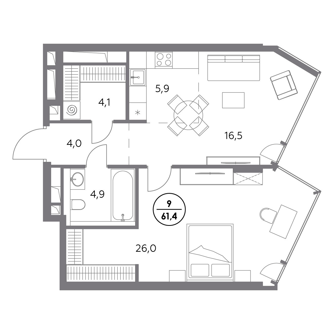 1 комн. квартира, 61.4 м², 4 этаж 
