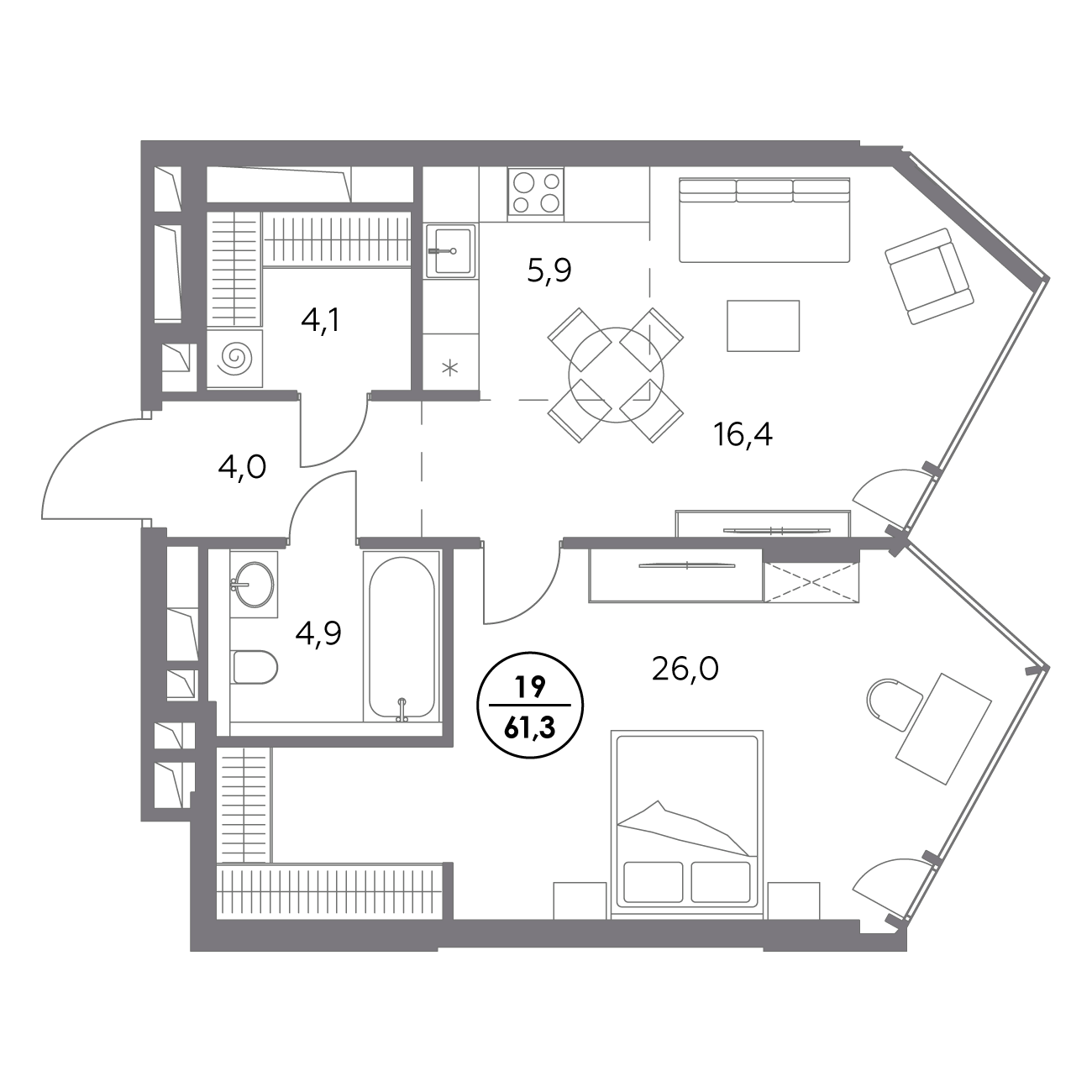 1 комн. квартира, 61.3 м², 6 этаж 